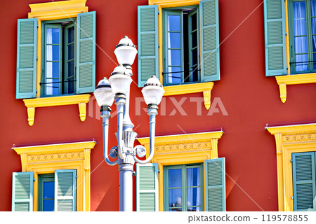 Image of the facade of Place Massena in Nice, Riviera, Cote d'Azur, France Image of the facade of Place Massena in Nice, Riviera, Cote d'Azur, France 119578855