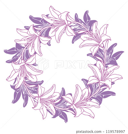 Lilly wreath. Lilies flower wreath, hand drawn illustration for design of card or wedding invitation 119578997