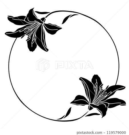 Lilly wreath. Lilies flower wreath, hand drawn silhouette illustration for design of card or wedding invitation 119579000