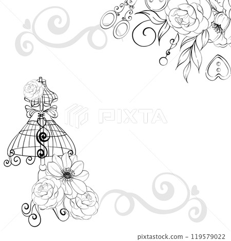Vintage mannequin with floral arrangement - roses and anemone, template, background. Old fashioned, dressmaker frame, background. Romantic and elegance sewing and tailor for postcards. Graphic vector Vintage mannequin with floral arrangement - roses and anemone, template, background. Old fashioned, dressmaker frame, background. Romantic and elegance sewing and tailor for postcards. Graphic vector 119579022