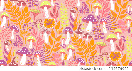 Half Drop Seamless Pattern of Stylized Mushrooms and Foliage in Orange, Purple, Coral, Yellow and White on Peach Pink Background. Design for Textiles, Fabrics, Fashion Prints, Wrappings, Covers. 119579023