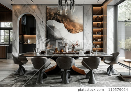 Large modern dining room with a marble table and chairs 119579024