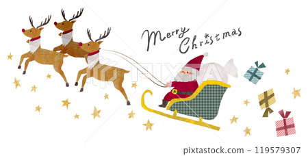 Illustration of Santa Claus riding a sleigh under the stars and handwritten text Merry Christmas Illustration of Santa Claus riding a sleigh under the stars and handwritten text Merry Christmas 119579307