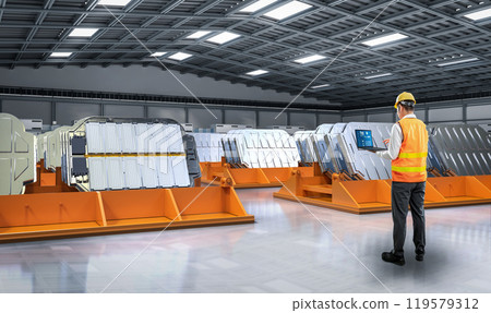 Engineer with batch of electric vehicle batteries or pallet of lithium-ion battery cell modules Engineer with batch of electric vehicle batteries or pallet of lithium-ion battery cell modules 119579312