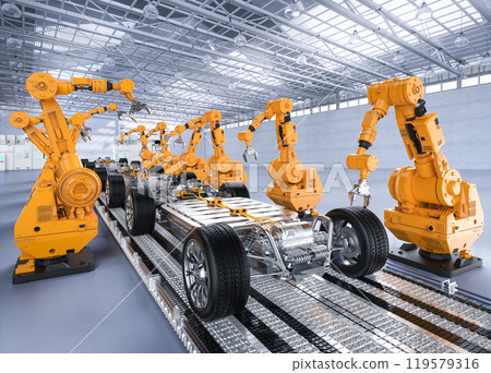 Robot assembly line with ev car battery on undercarriage platform 119579316
