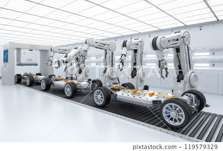 Robot assembly line with ev car battery on undercarriage platform 119579329