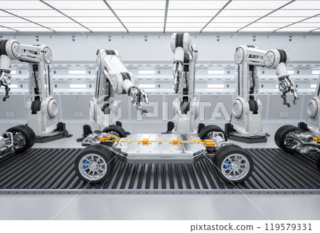 Robot assembly line with ev car battery on undercarriage platform Robot assembly line with ev car battery on undercarriage platform 119579331