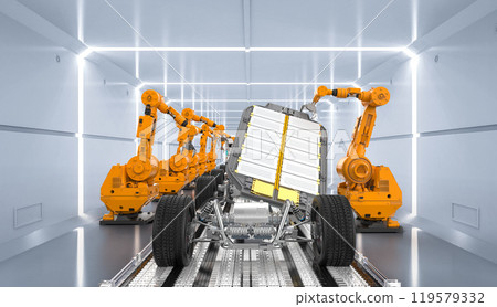 Robot assembly line with ev car battery on undercarriage platform Robot assembly line with ev car battery on undercarriage platform 119579332