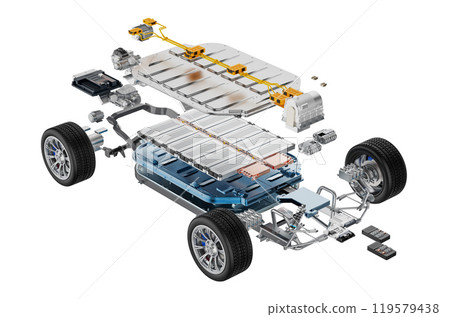 Explode view of ev car with battery element and undercarriage isolated Explode view of ev car with battery element and undercarriage isolated 119579438