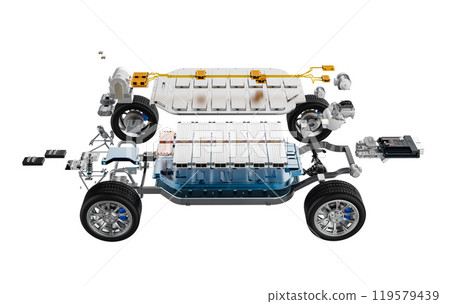 Explode view of ev car with battery element and undercarriage isolated 119579439