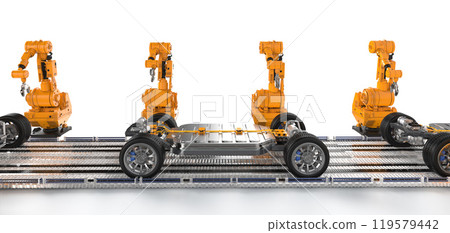 Robot assembly line with ev car battery on undercarriage platform 119579442