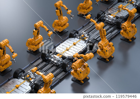 Robot assembly line with ev car battery on undercarriage platform Robot assembly line with ev car battery on undercarriage platform 119579446