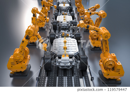 Robot assembly line with ev car battery on undercarriage platform Robot assembly line with ev car battery on undercarriage platform 119579447