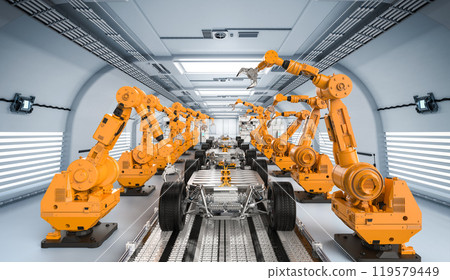 Robot assembly line with ev car battery on undercarriage platform Robot assembly line with ev car battery on undercarriage platform 119579449