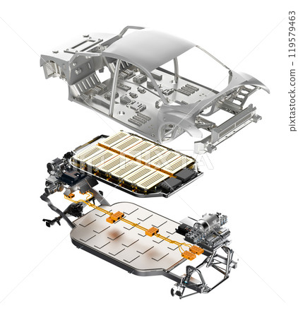 Explode view of golden electric vehicle battery with car frame 119579463