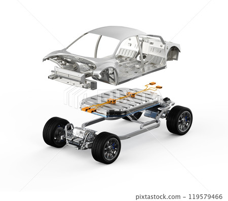 Explode view of golden electric vehicle battery with car frame Explode view of golden electric vehicle battery with car frame 119579466