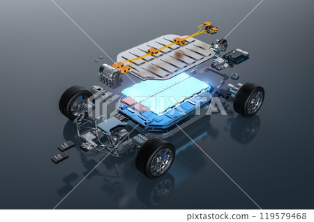 Explode view of ev car with glowing battery element and undercarriage Explode view of ev car with glowing battery element and undercarriage 119579468