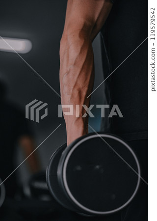 Male arm holding a dumbbell 119579542