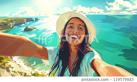 Illustration of a happy young girl taking a selfie against the sea background 119579883