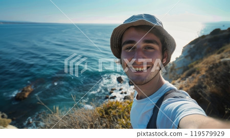 Happy young guy taking a selfie on the background of the sea 119579929