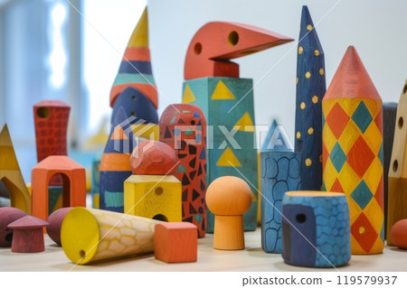 A variety of natural wooden children's toys on the shelves , children's playroom 119579937