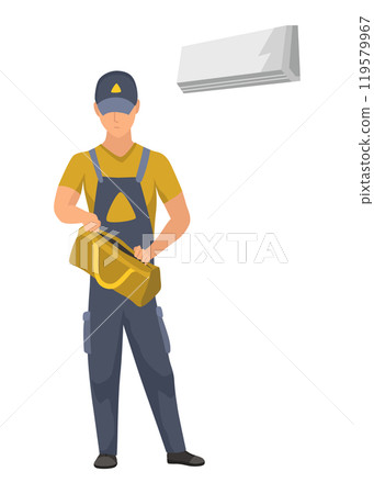 Air conditioner service technician working, flat vector illustration isolated on white background. Cooling system repair, cleaning, maintenance and installation. Air conditioner service technician working, flat vector illustration isolated on white background. Cooling system repair, cleaning, maintenance and installation. 119579967