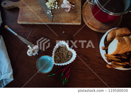 Products for cooking by the chef as a background 119580030