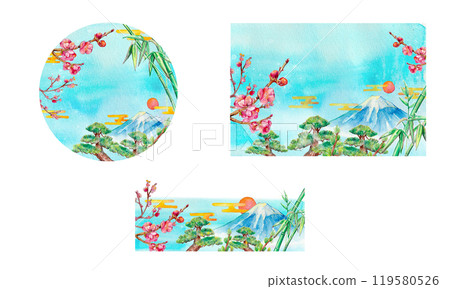 水彩畫的松、竹、梅和富士山背景 水彩畫的松、竹、梅和富士山背景 119580526