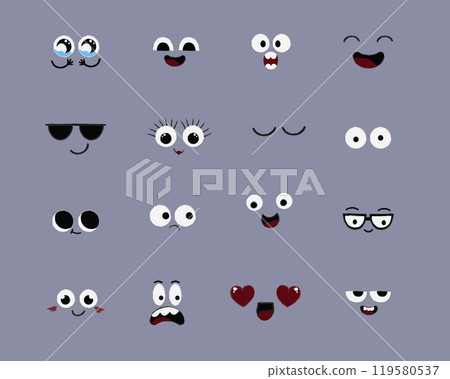 Face emotions, comic expressions, cute crazy eyes collection isolated. Doodle smiley mood comic design elements. Emotional comic face with eyes, mouths, tongue and teeth. Face emotions, comic expressions, cute crazy eyes collection isolated. Doodle smiley mood comic design elements. Emotional comic face with eyes, mouths, tongue and teeth. 119580537