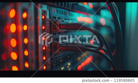 Wires connectors and patch panels in a network data center. Generative AI 119580605