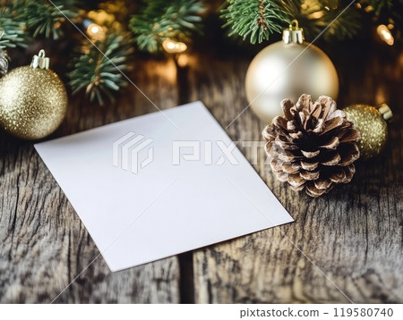 Festive holiday gift card with pinecone and christmas decor on rustic wooden table Festive holiday gift card with pinecone and christmas decor on rustic wooden table 119580740