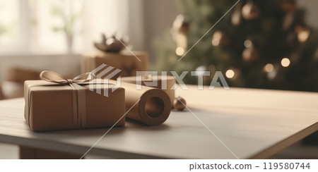 Minimalistic gift wrapping scene with elegant table and decor for holiday preparations 119580744