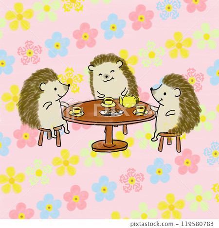 小花朵圖案背景上可愛的刺蝟茶會 119580783