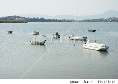 Panoramic shot of sea with boats in Corfu city. Blue sky. Kerkira. Greece. 119581042