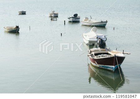 Panoramic shot of sea with boats in Corfu city. Blue sky. Kerkira. Greece. Panoramic shot of sea with boats in Corfu city. Blue sky. Kerkira. Greece. 119581047