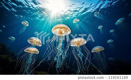 A UFO-like jellyfish floating in the ocean 119581189