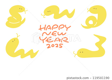 手繪新年賀卡，上面有各種姿勢的蛇 2025 年蛇年 119581190