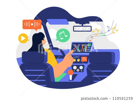 Car Audio Vector Illustration featuring a Musical Car, Loudspeakers, Sound System, and Music Automobile in a Flat Style Cartoon Background 119581259