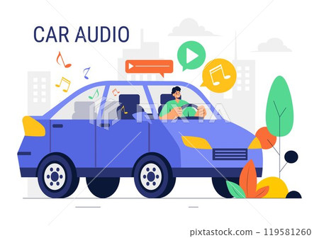 Car Audio Vector Illustration featuring a Musical Car, Loudspeakers, Sound System, and Music Automobile in a Flat Style Cartoon Background 119581260