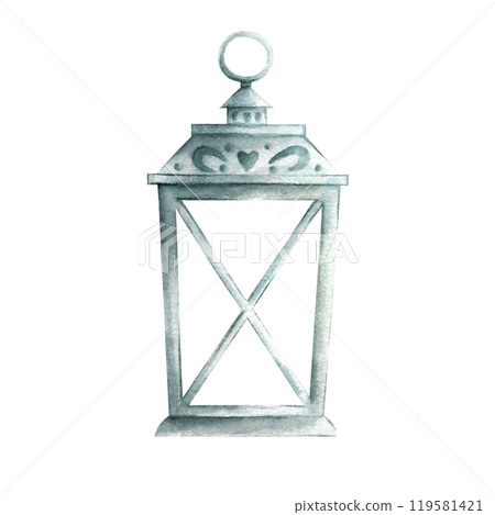 Retro metal lantern. Old vintage steel lamp clipart. Hand drawn watercolor isolated illustration on white. Ornamental element for greeting cards template, stickers, festive packaging and designs. 119581421
