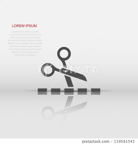 Scissor with cutting line icon in flat style. Cut equipment vector illustration on white isolated background. Cutter business concept. 119581541