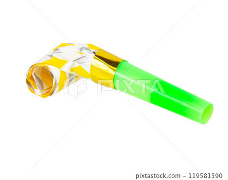 Carnival bright festive noisemaker or party whistle horn isolated on the white background Carnival bright festive noisemaker or party whistle horn isolated on the white background 119581590