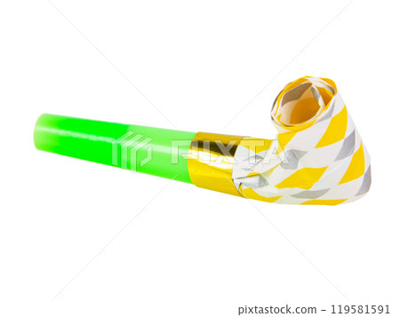 Carnival bright festive noisemaker or party whistle horn isolated on the white background Carnival bright festive noisemaker or party whistle horn isolated on the white background 119581591