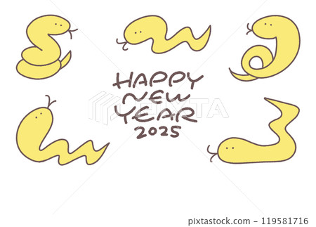 Hand-drawn New Year's cards with snakes in various poses 2025 Year of the Snake 119581716