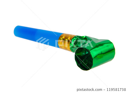 Carnival bright festive noisemaker or party whistle horn isolated on the white background 119581738