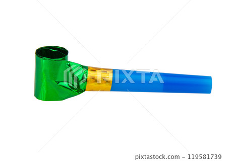 Carnival bright festive noisemaker or party whistle horn isolated on the white background 119581739
