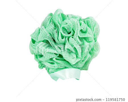 Green puff sponge for shower bath isolated on the white background 119581750