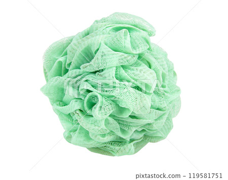 Green puff sponge for shower bath isolated on the white background 119581751