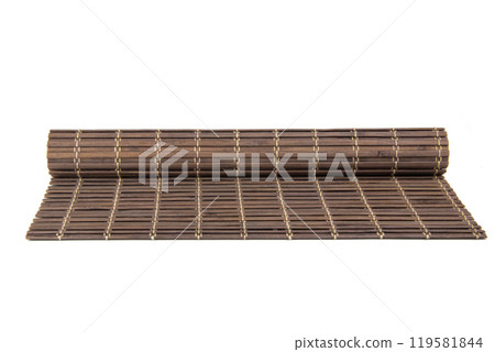 Rolled bamboo mat for food dark color isolated on the white background Rolled bamboo mat for food dark color isolated on the white background 119581844