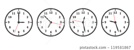 Clock icon set in flat style. Round watch vector illustration on isolated background. Timer sign business concept. 119581867